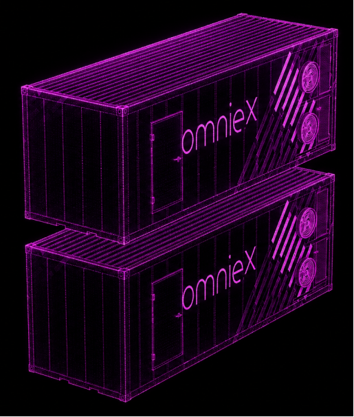 Ilustração em wireframe 3D roxo mostrando dois containers empilhados do ecossistema Omnieˣ, destacando a integração de módulos como Data Hall, climatização, elétrico e área operacional para otimizar a operação e manutenção de data center em containers.